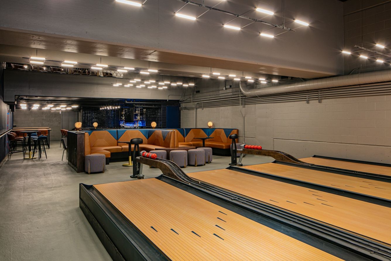 Liberty Lanes seating and bowling lanes